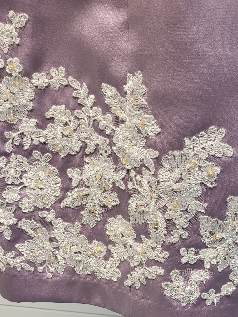 Strapless Lavender Satin Cocktail Dress with White Floral Appliqué - Picture 3 of 13
